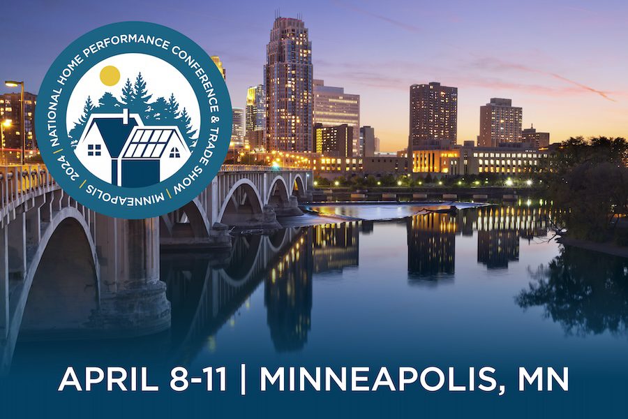 Image of the Minneapolis skyline that has a logo of a house that reads National Home Performance Conference and Trade Show Minneapolis 2024, April 8-11, Minneapolis, MN